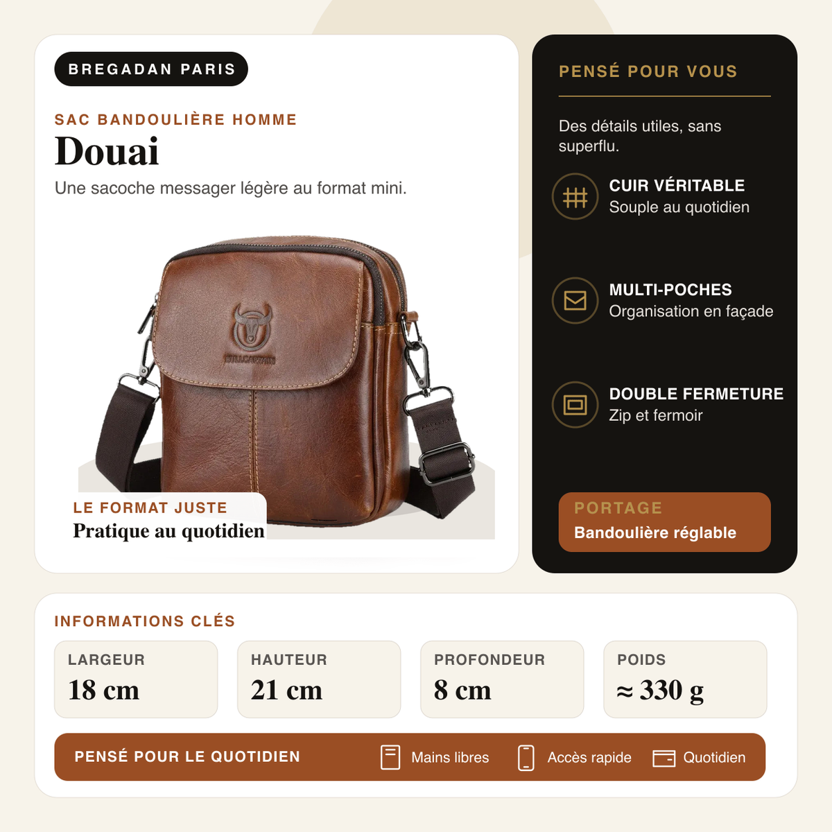 Douai — infographie Bregadan V3 : Une sacoche messager légère au format mini; largeur 18 cm, hauteur 21 cm, profondeur 8 cm