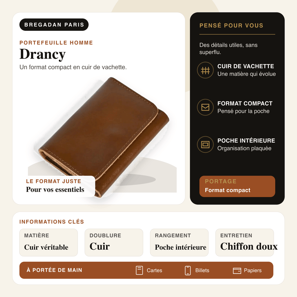 Drancy — infographie Bregadan V3 : cuir de vachette, format compact, poche intérieure et doublure cuir
