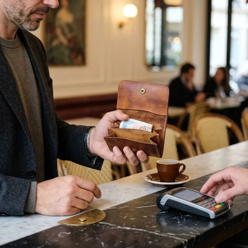 Drancy - Portefeuille en cuir de vachette, format compact - mise en situation, coloris modèle A