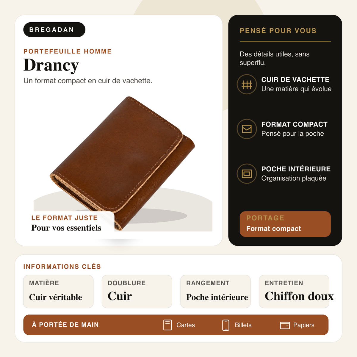 Drancy — infographie Bregadan V3 : cuir de vachette, format compact, poche intérieure et doublure cuir