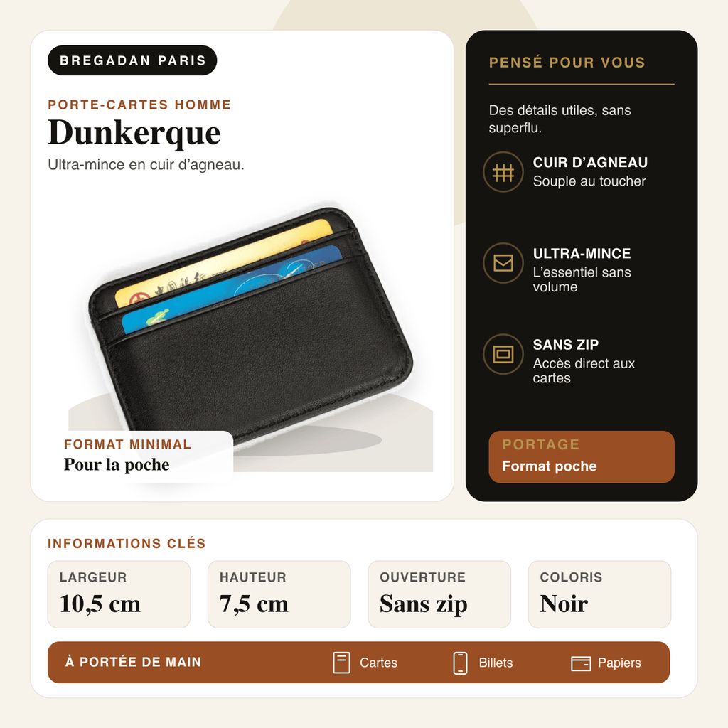 Dunkerque — infographie Bregadan V3 : cuir d’agneau, format ultra-mince et dimensions 10,5 × 7,5 cm