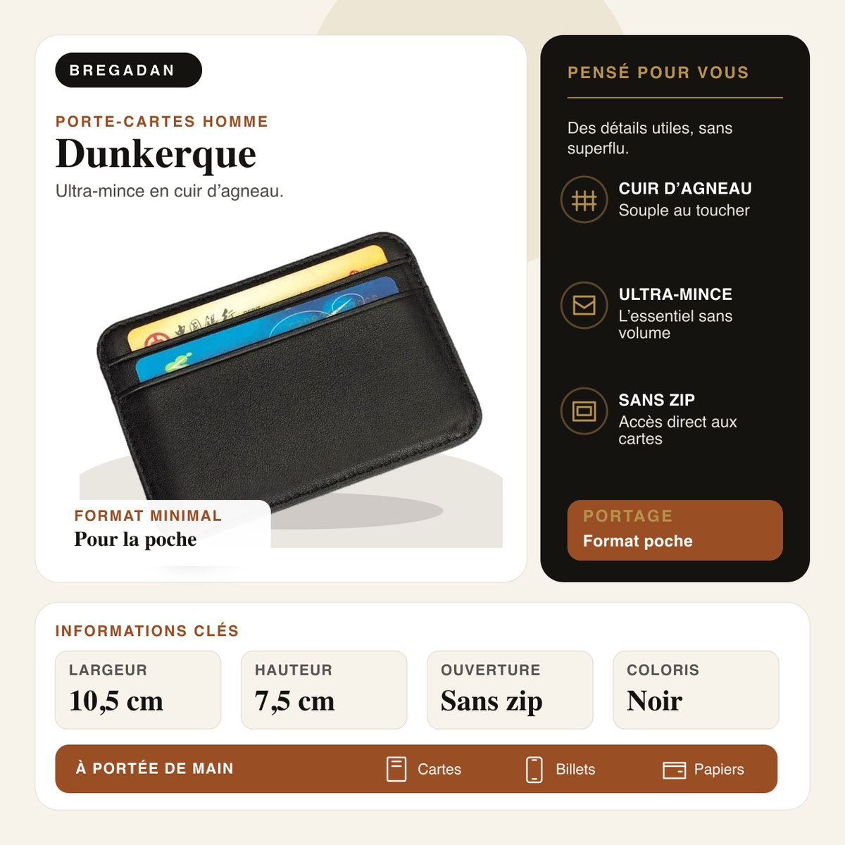 Dunkerque — infographie Bregadan V3 : cuir d’agneau, format ultra-mince et dimensions 10,5 × 7,5 cm