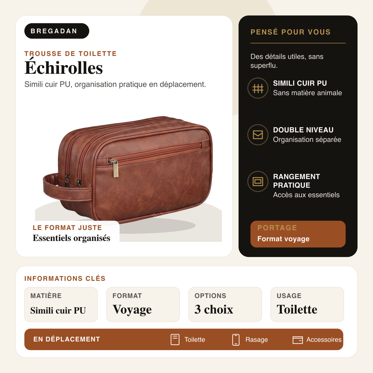 Échirolles — infographie Bregadan V3 : simili cuir pu, organisation pratique en déplacement, matière Simili cuir PU