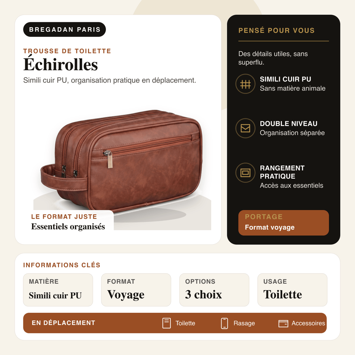 Échirolles — infographie Bregadan V3 : simili cuir pu, organisation pratique en déplacement, matière Simili cuir PU