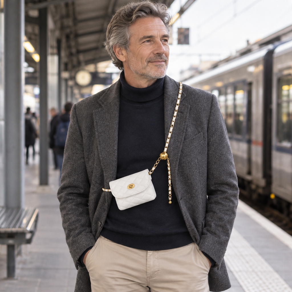 Évreux - Sac banane simili cuir, chaîne et sangle d'épaule — photo portée naturelle, quai de gare