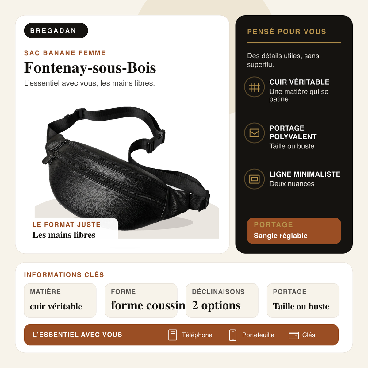 Fontenay-sous-Bois — infographie Bregadan V3 : cuir véritable, portage taille ou buste