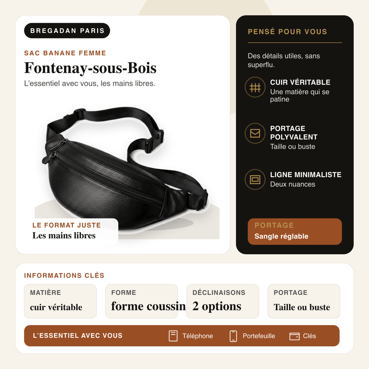Fontenay-sous-Bois — infographie Bregadan V3 : cuir véritable, portage taille ou buste