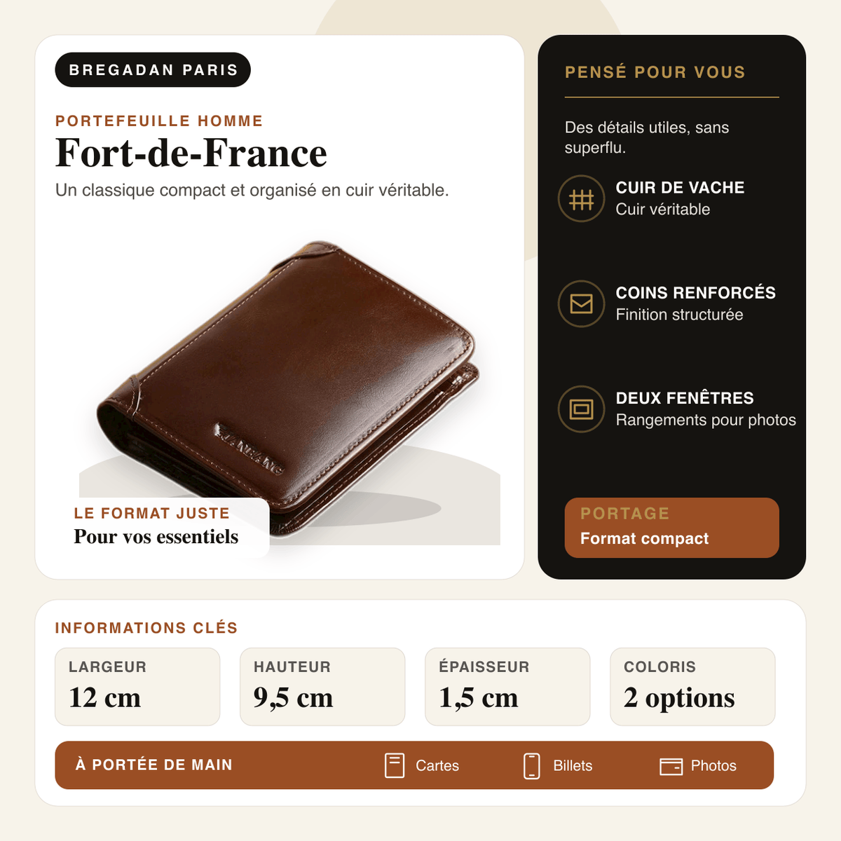 Fort-de-France — infographie Bregadan V3 : cuir véritable, deux fenêtres, rangements et dimensions 12 × 9,5 × 1,5 cm