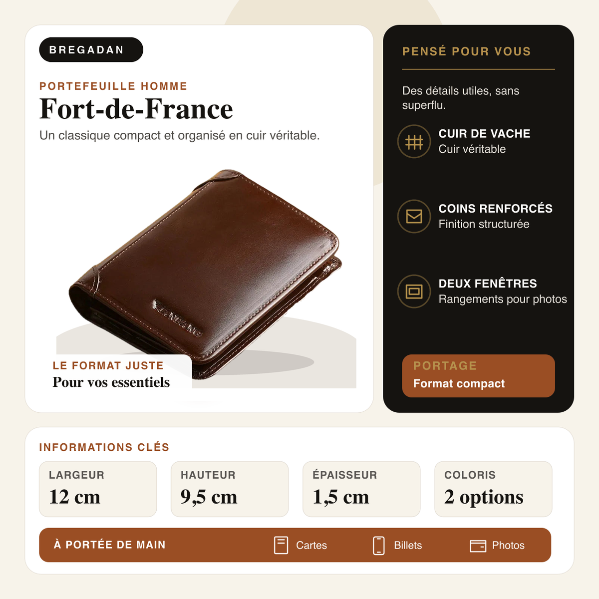 Fort-de-France — infographie Bregadan V3 : cuir véritable, deux fenêtres, rangements et dimensions 12 × 9,5 × 1,5 cm