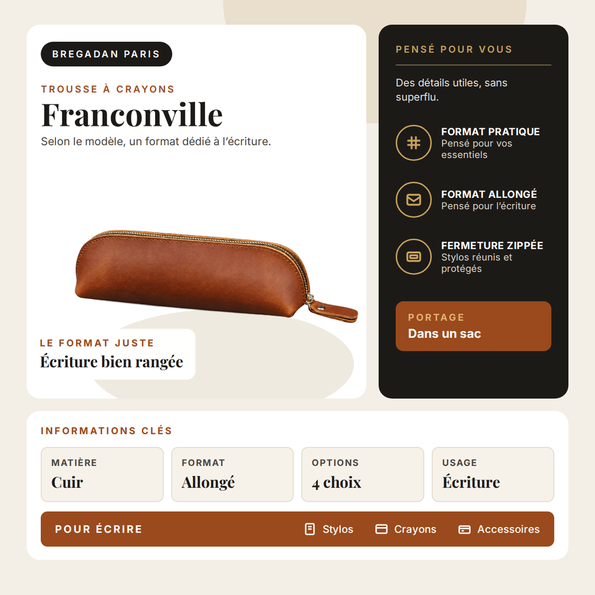 Franconville — infographie Bregadan V3 : selon le modèle, un format dédié à l’écriture, matière Cuir