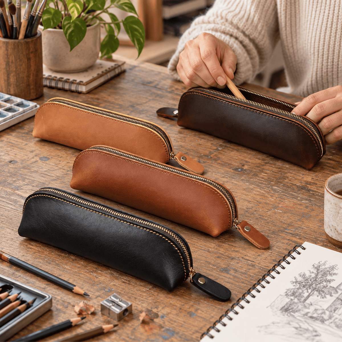 Franconville — Café, marron clair, marron foncé et noir — trousses à crayons sur un bureau