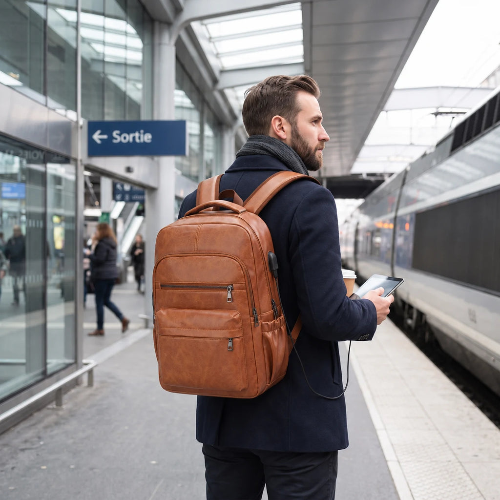 Frejus — sac à dos brun clair porté, vue complète