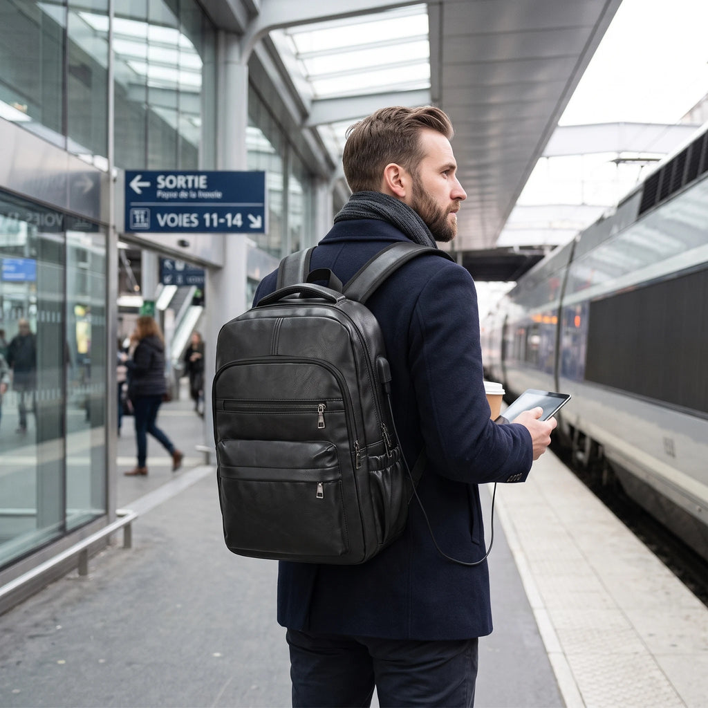 Fréjus - Sac à dos simili cuir, port USB intégré, mise en situation, coloris noir