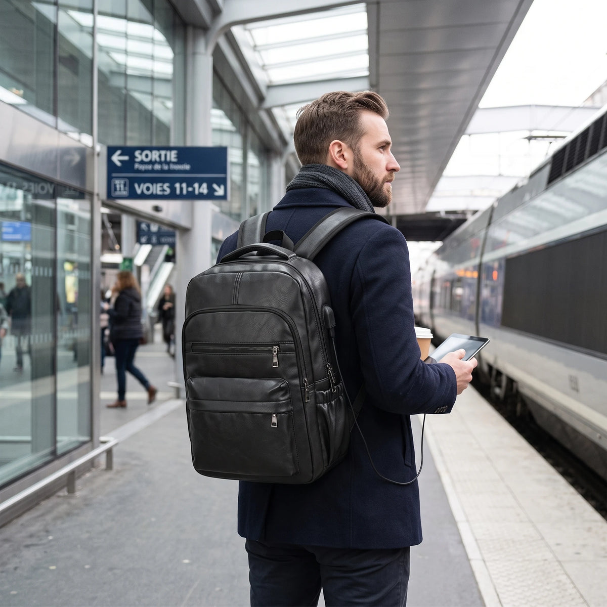 Fréjus - Sac à dos simili cuir, port USB intégré, mise en situation, coloris noir