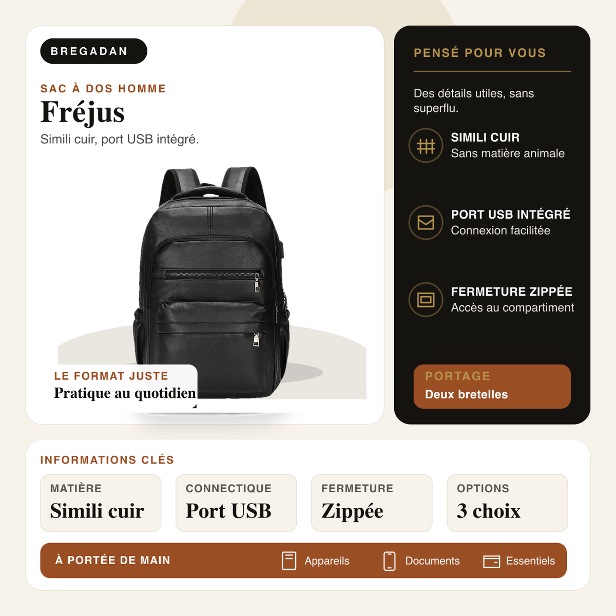 Fréjus — infographie Bregadan V3 : sac à dos en simili cuir avec port USB intégré et fermeture zippée.