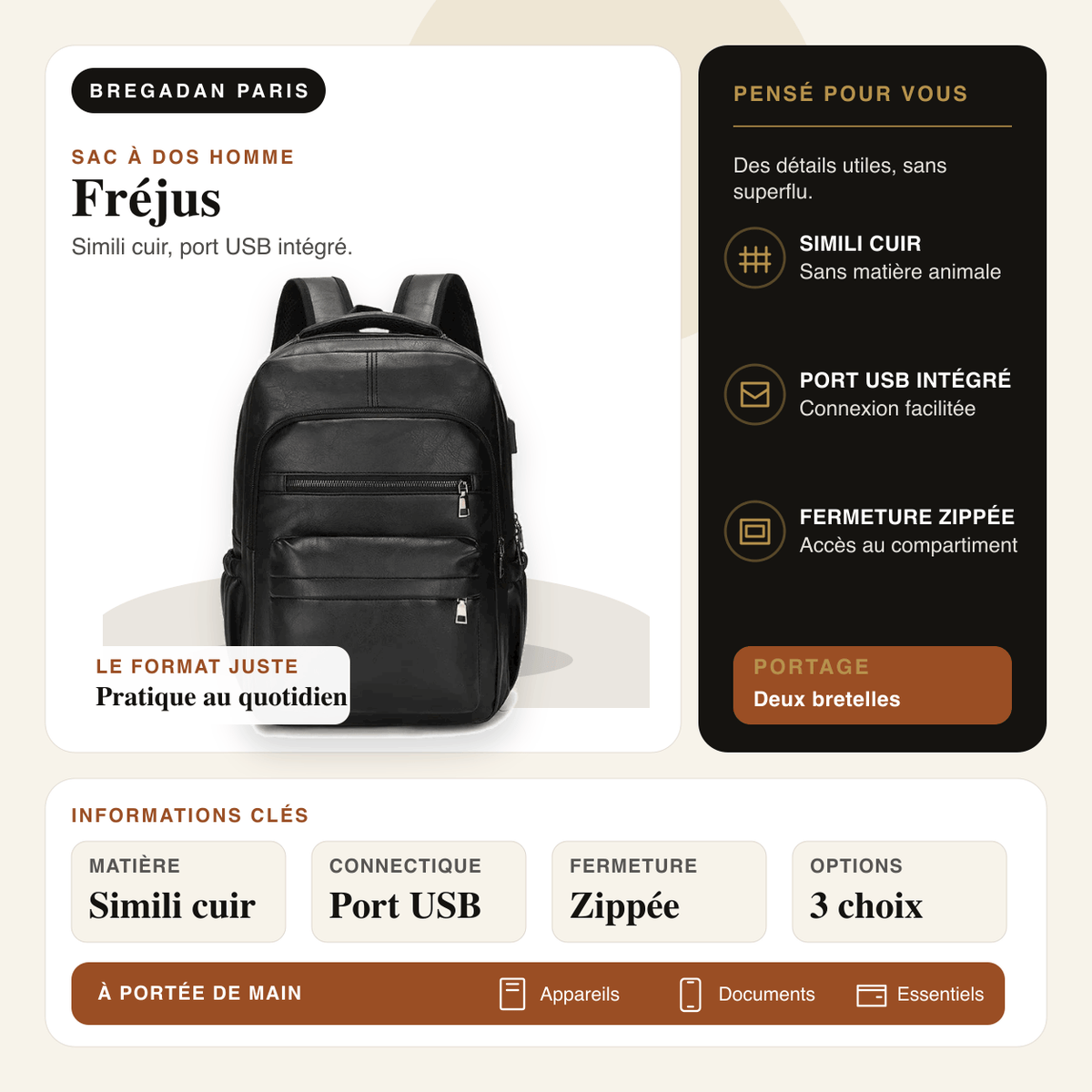Fréjus — infographie Bregadan V3 : sac à dos en simili cuir avec port USB intégré et fermeture zippée.