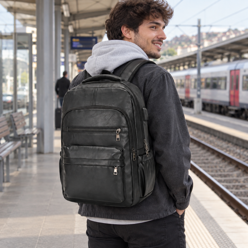 Fréjus - Sac à dos simili cuir, port USB intégré — photo portée naturelle, quai de gare