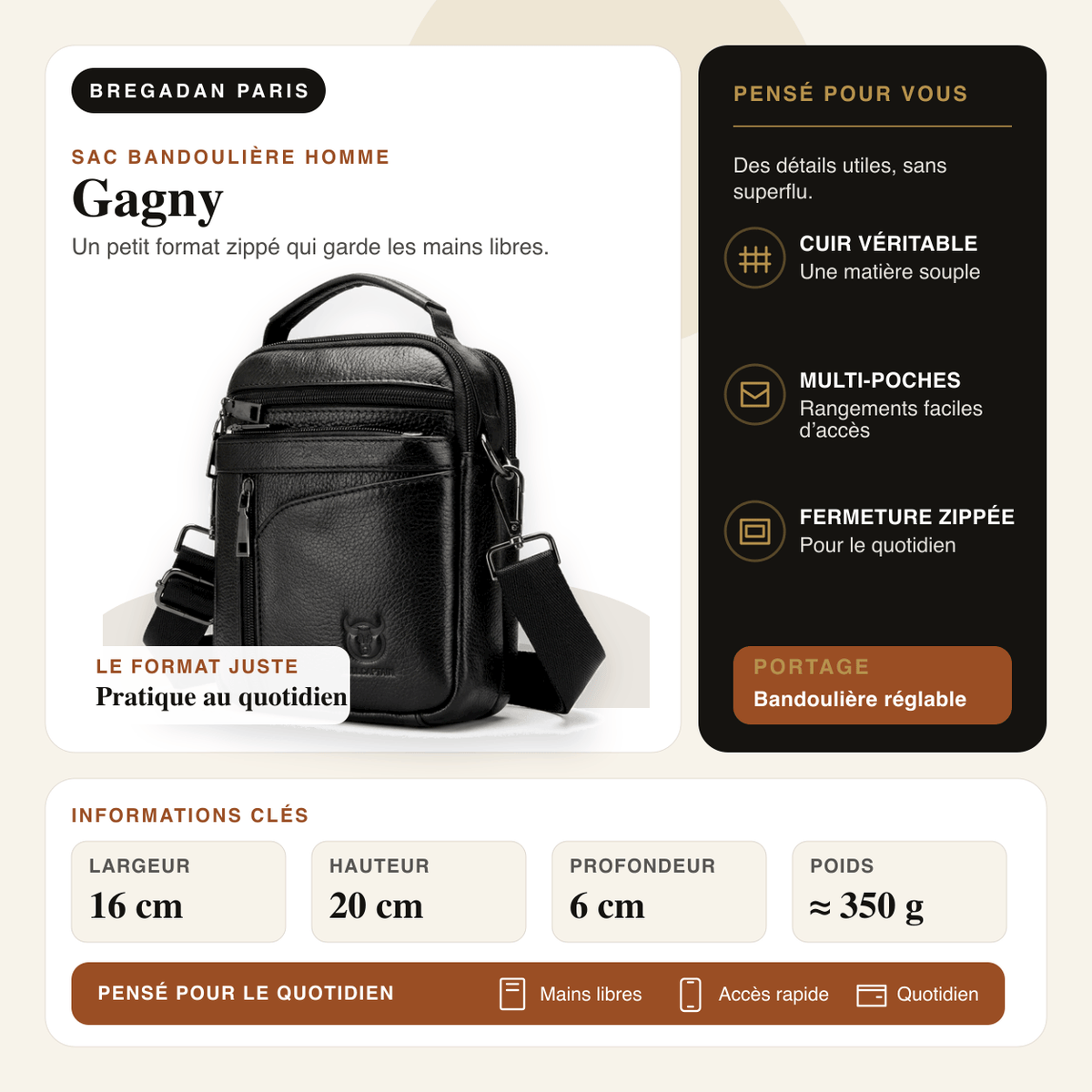 Gagny — infographie Bregadan V3 : Un petit format zippé qui garde les mains libres; largeur 16 cm, hauteur 20 cm