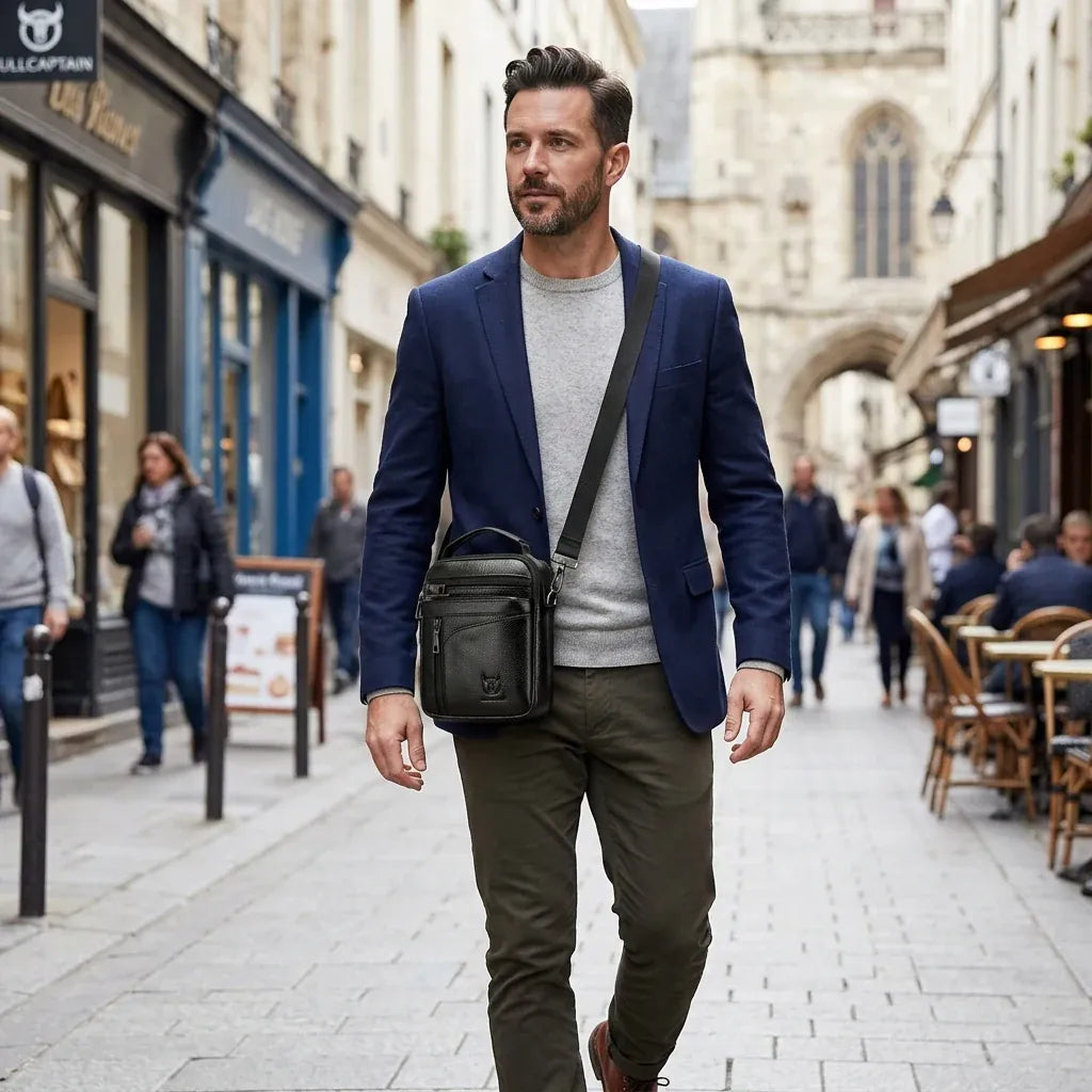 Gagny - Sacoche bandoulière en cuir véritable, petit format - mise en situation, coloris noir