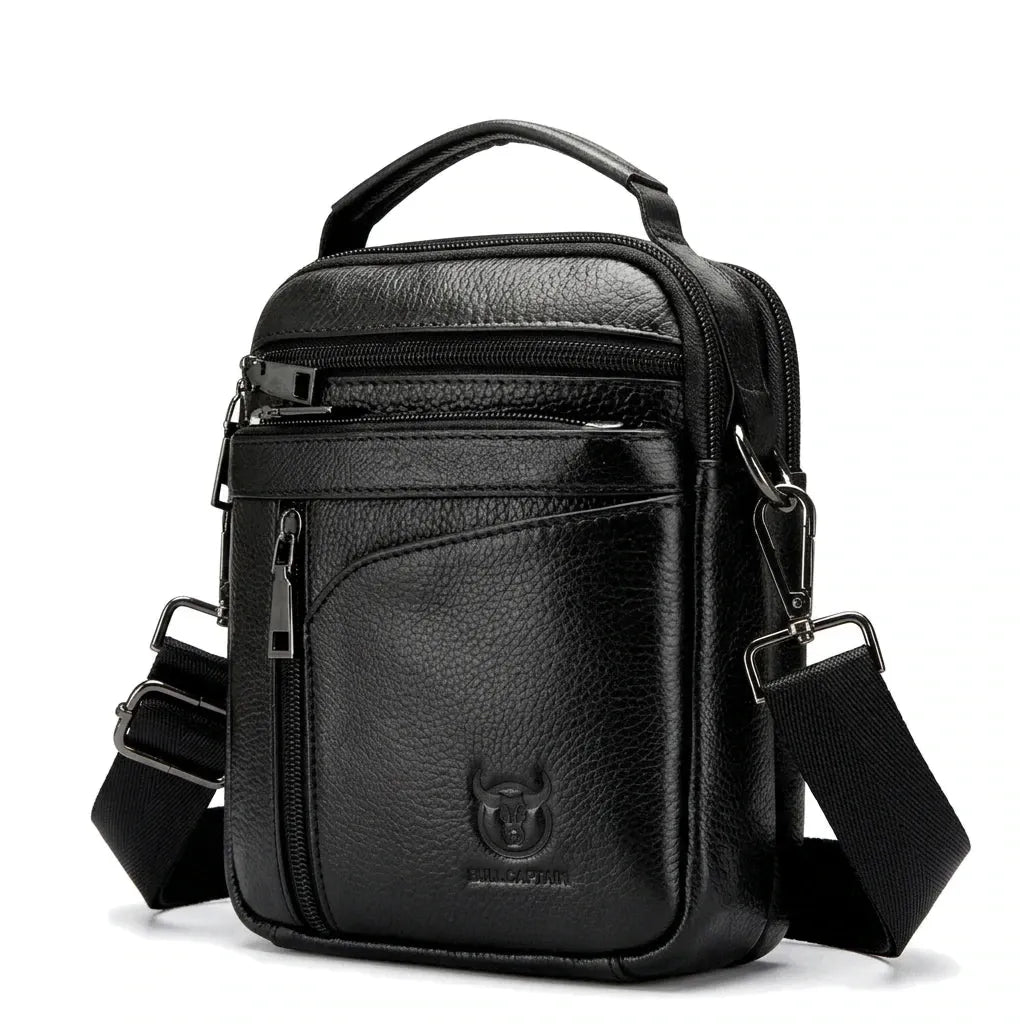 Gagny - Sacoche bandoulière en cuir véritable, petit format - packshot sur fond blanc, coloris noir