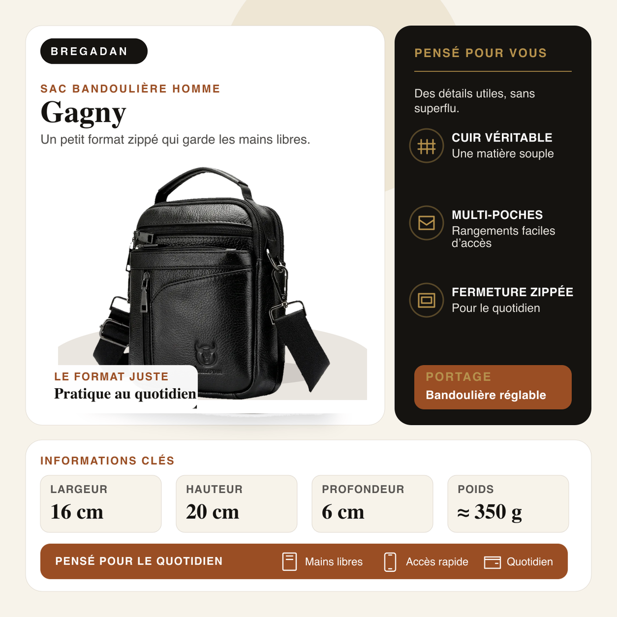 Gagny — infographie Bregadan V3 : Un petit format zippé qui garde les mains libres; largeur 16 cm, hauteur 20 cm