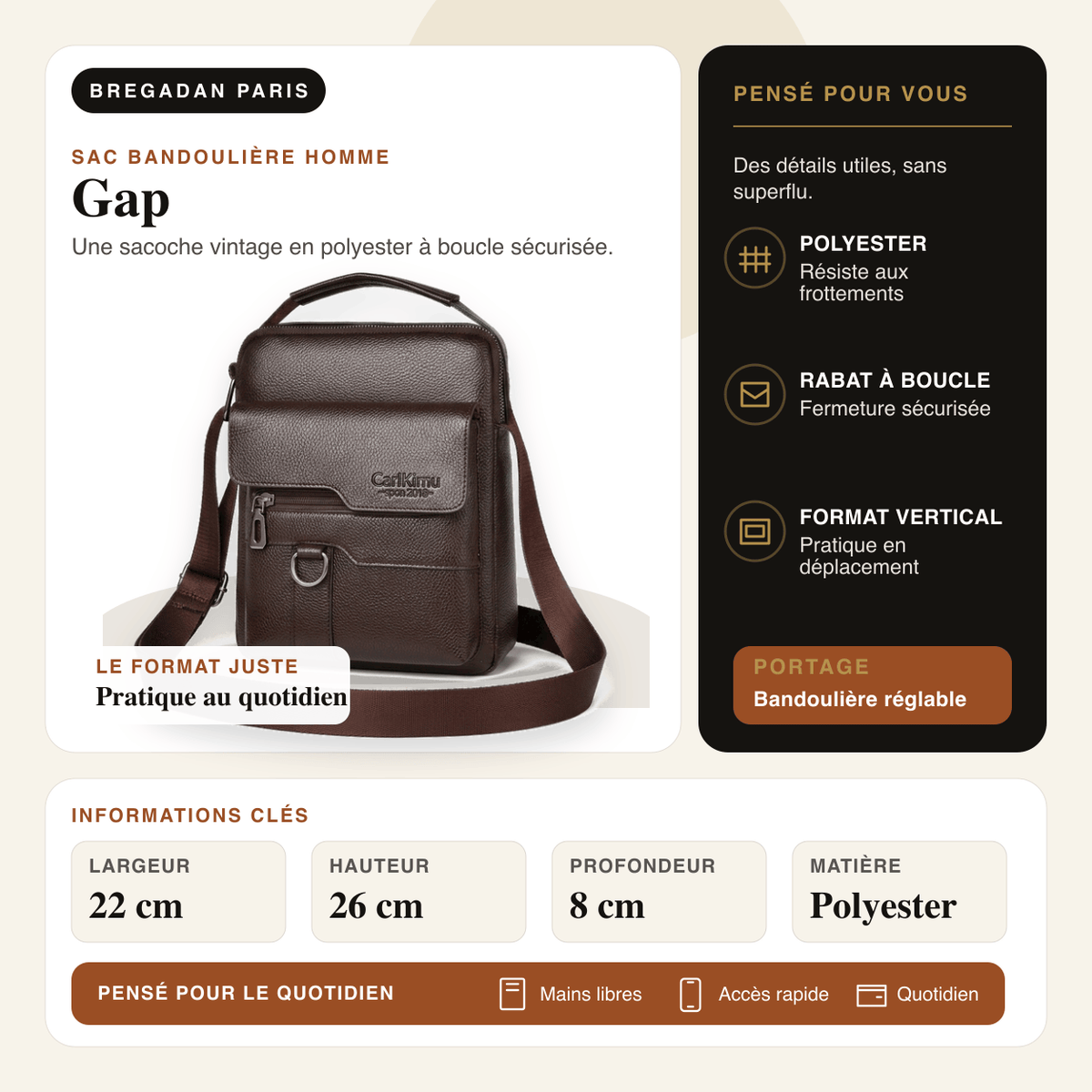 Gap — infographie Bregadan V3 : Une sacoche vintage en polyester à boucle sécurisée; largeur 22 cm, hauteur 26 cm