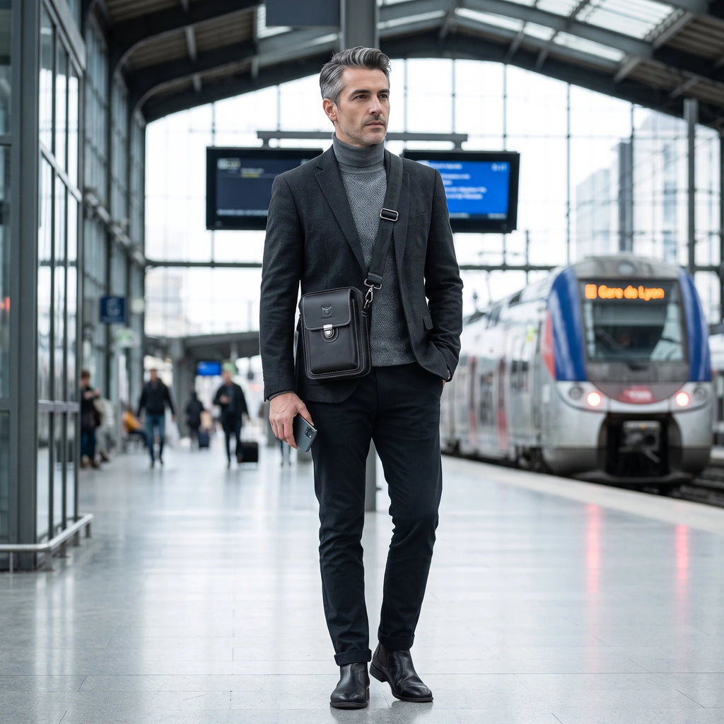 Gennevilliers - sac banane noir porté en bandoulière par un homme en gare