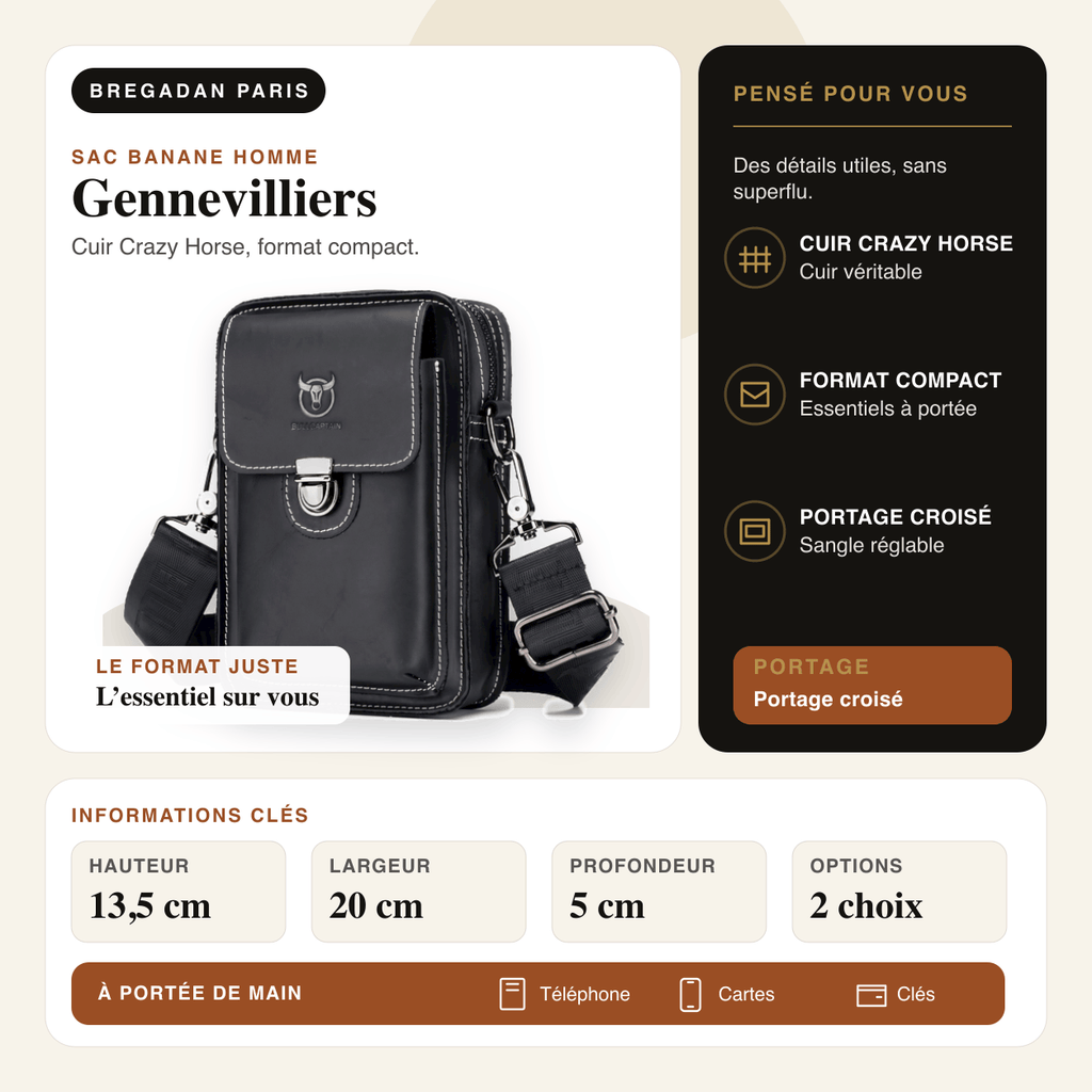 Gennevilliers — infographie Bregadan V3 : sac banane en cuir Crazy Horse, dimensions 13,5 × 20 × 5 cm.