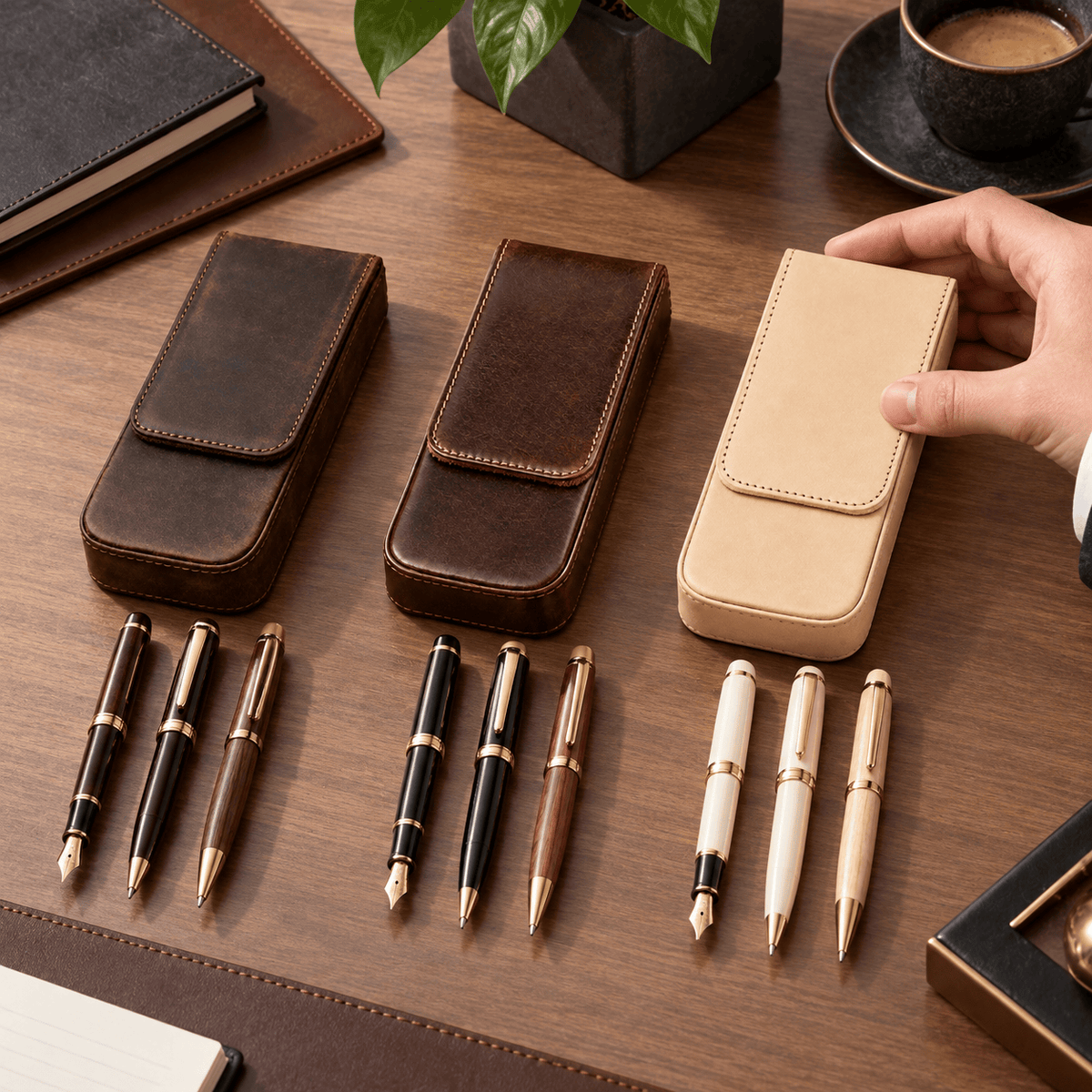 Grenoble — Étuis à stylos café, café huilé et beige naturel — utilisation sur bureau
