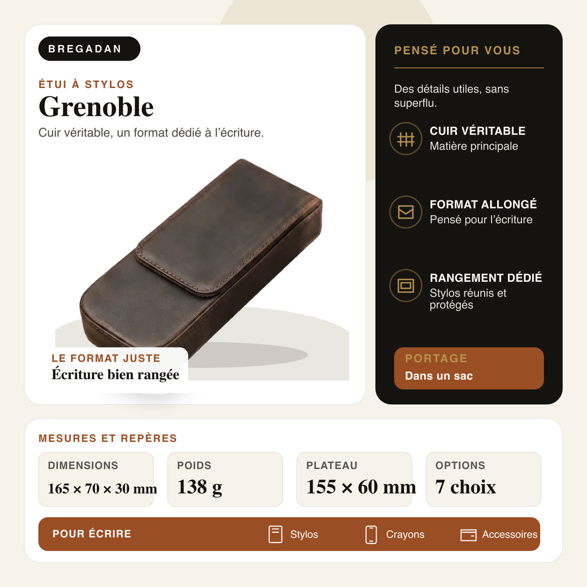 Grenoble — infographie Bregadan V3 : cuir véritable, un format dédié à l’écriture, dimensions 165 × 70 × 30 mm, poids