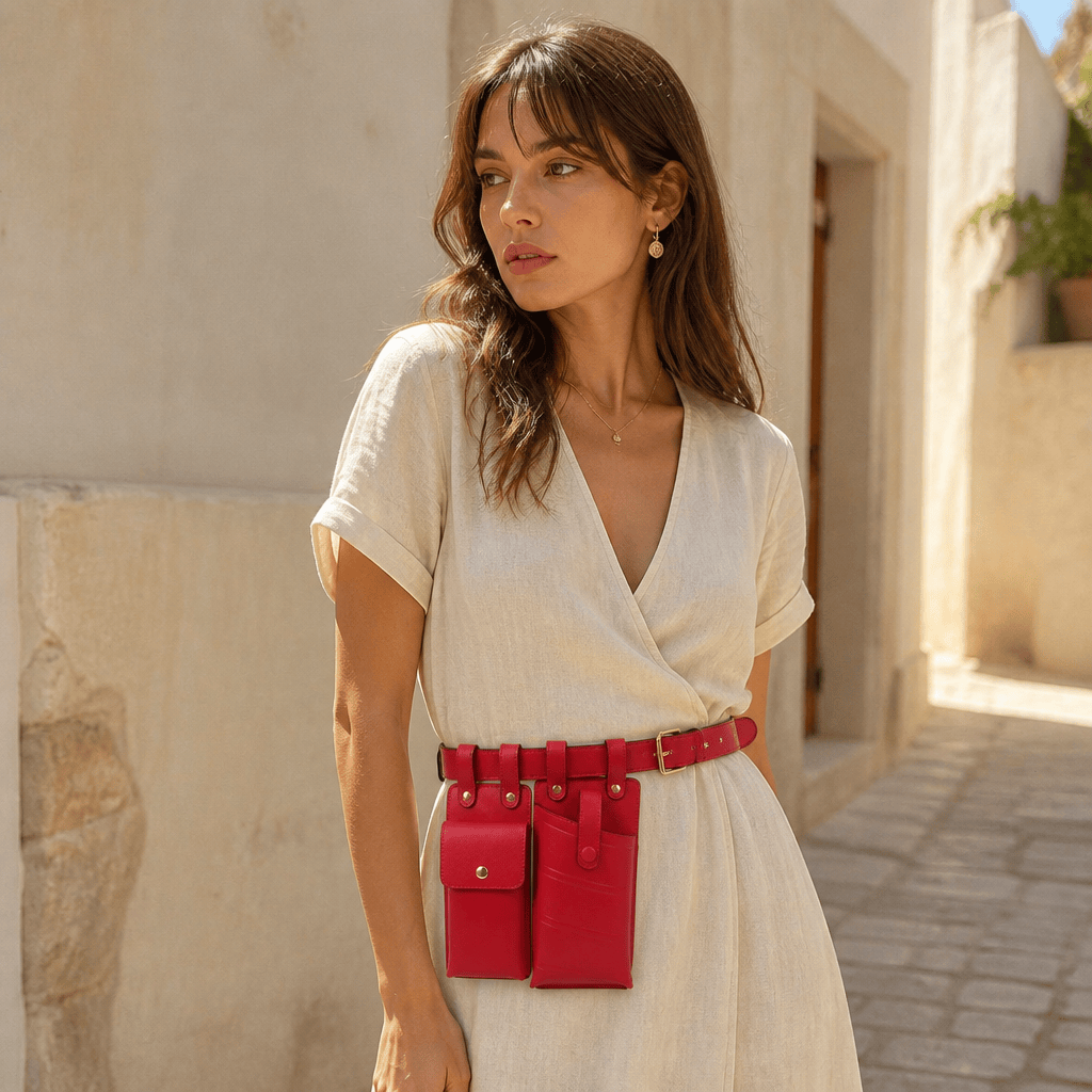 Cagnes-sur-Mer — sac banane rouge porté à la taille, robe en lin, ruelle ensoleillée