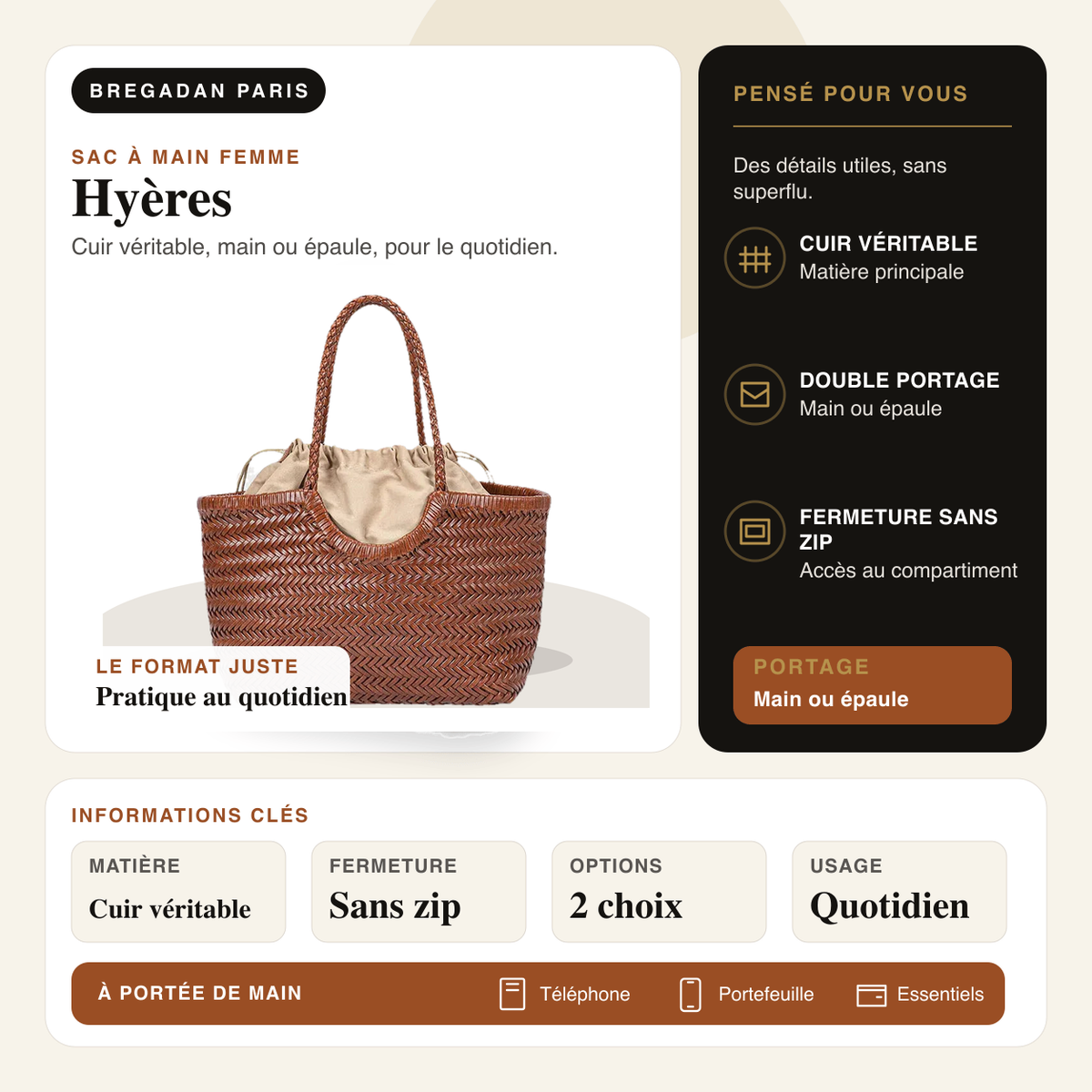 Hyères — infographie Bregadan V3 : cuir véritable, main ou épaule
