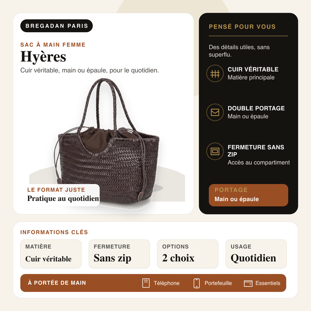 Hyères — infographie Bregadan V3 : cuir véritable, main ou épaule