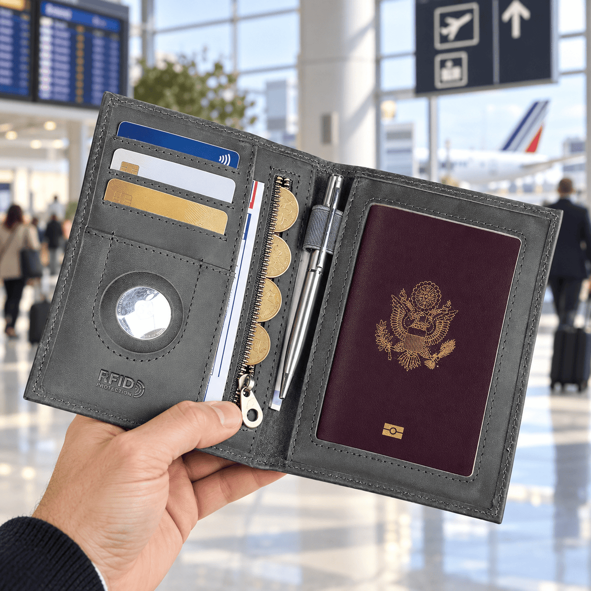 Issy-les-Moulineaux — Gris fumé — portefeuille passeport tenu en main