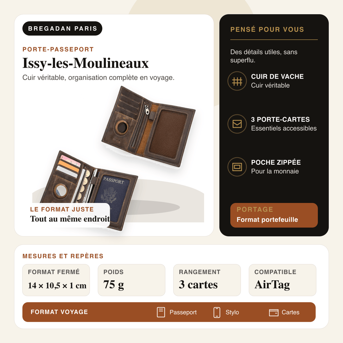 Issy-les-Moulineaux — infographie Bregadan V3 : cuir véritable, organisation complète en voyage, format fermé 14 ×
