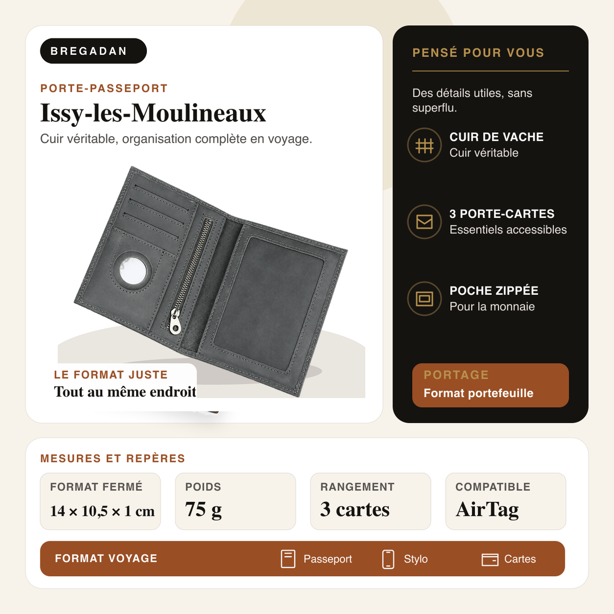 Issy-les-Moulineaux — infographie Bregadan V3 : cuir véritable, organisation complète en voyage, format fermé 14 ×