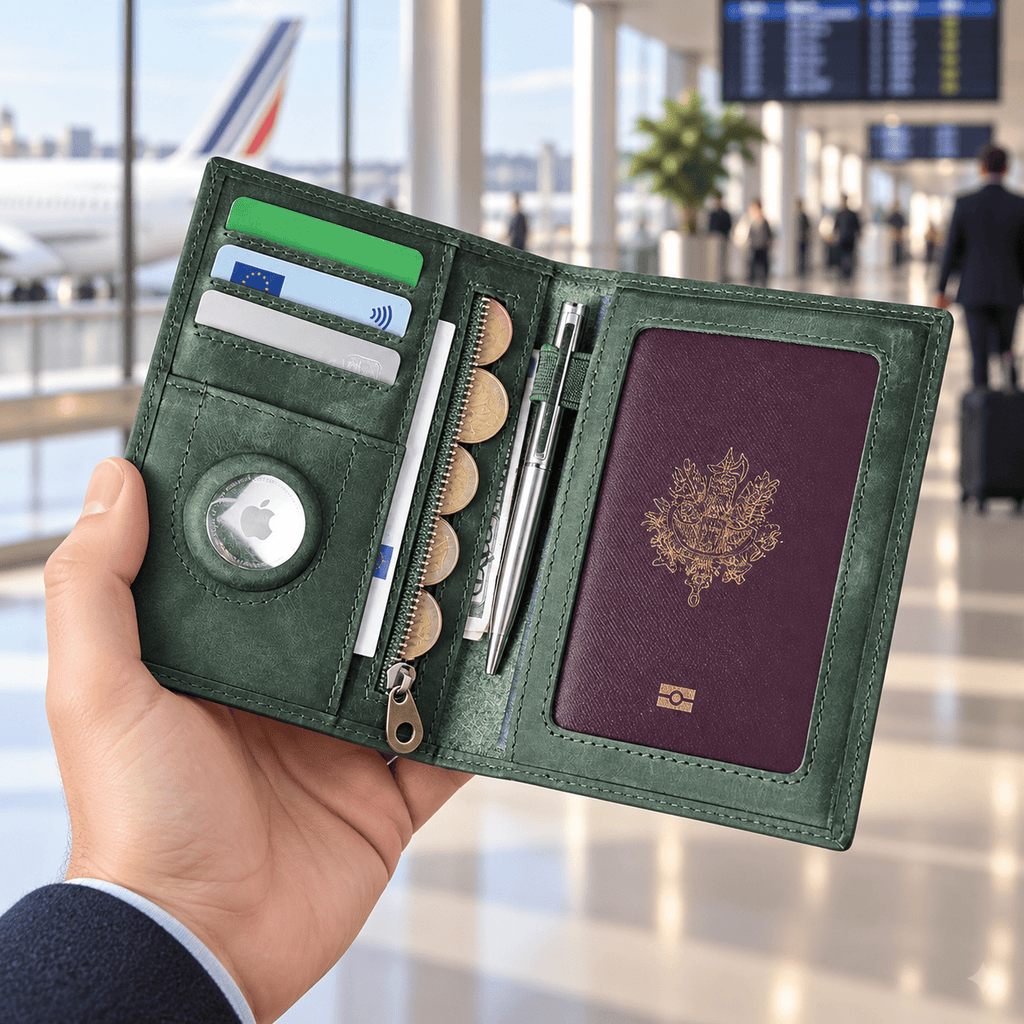Issy-les-Moulineaux — Vert armée — portefeuille passeport tenu en main
