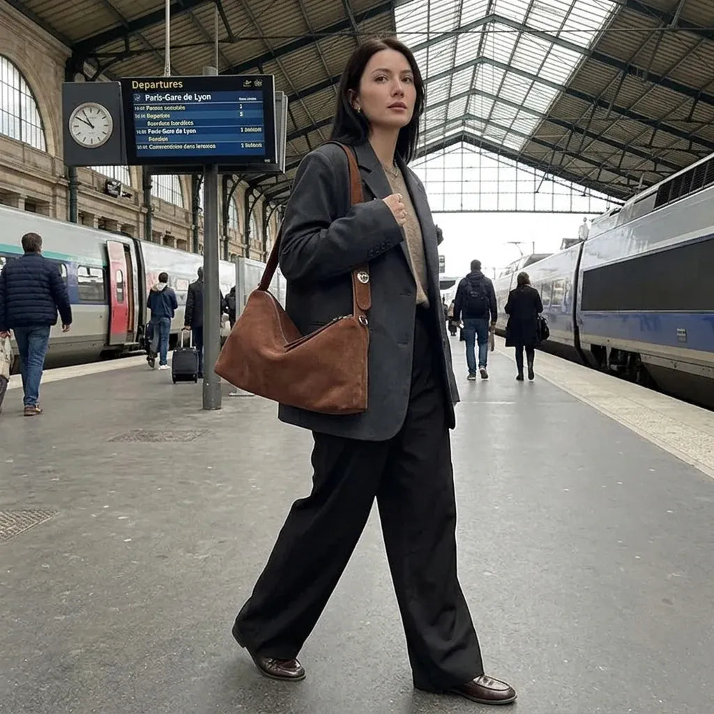 Istres - Sac porté épaule en croûte de cuir velours - mise en situation, coloris brun
