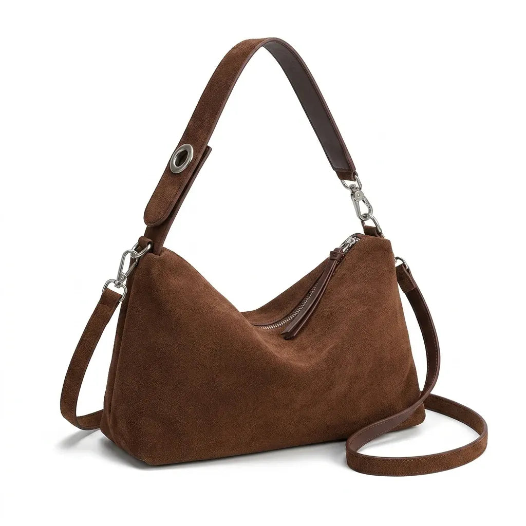 Istres - Sac porté épaule en croûte de cuir velours - packshot sur fond blanc, coloris brun