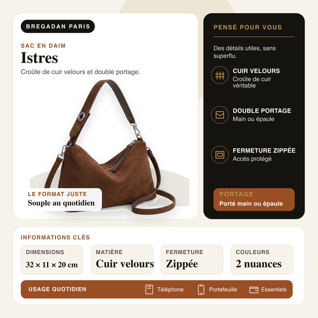 Istres — infographie Bregadan V3 : croûte de cuir velours, dimensions 32 × 11 × 20 cm