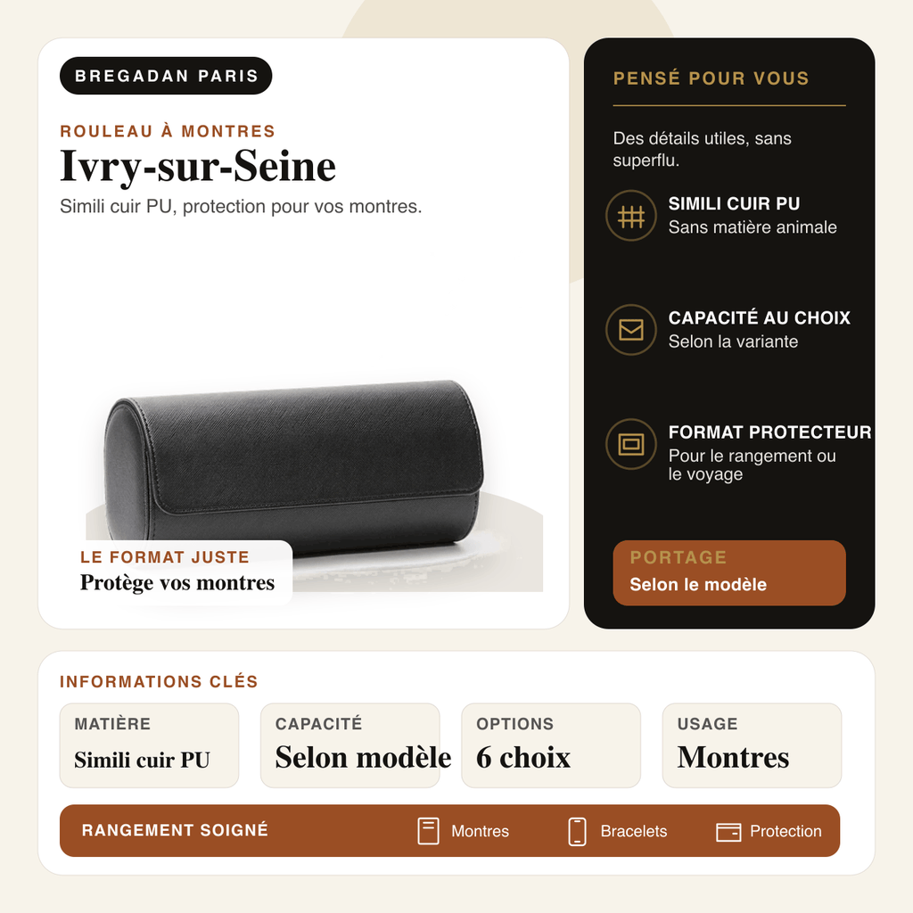 Ivry-sur-Seine — infographie Bregadan V3 : simili cuir pu, protection pour vos montres, matière Simili cuir PU