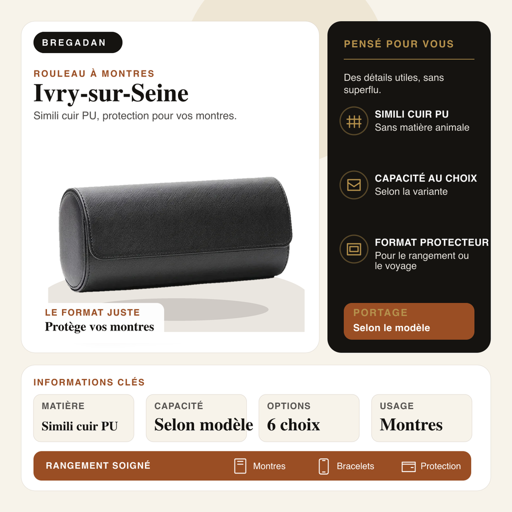 Ivry-sur-Seine — infographie Bregadan V3 : simili cuir pu, protection pour vos montres, matière Simili cuir PU