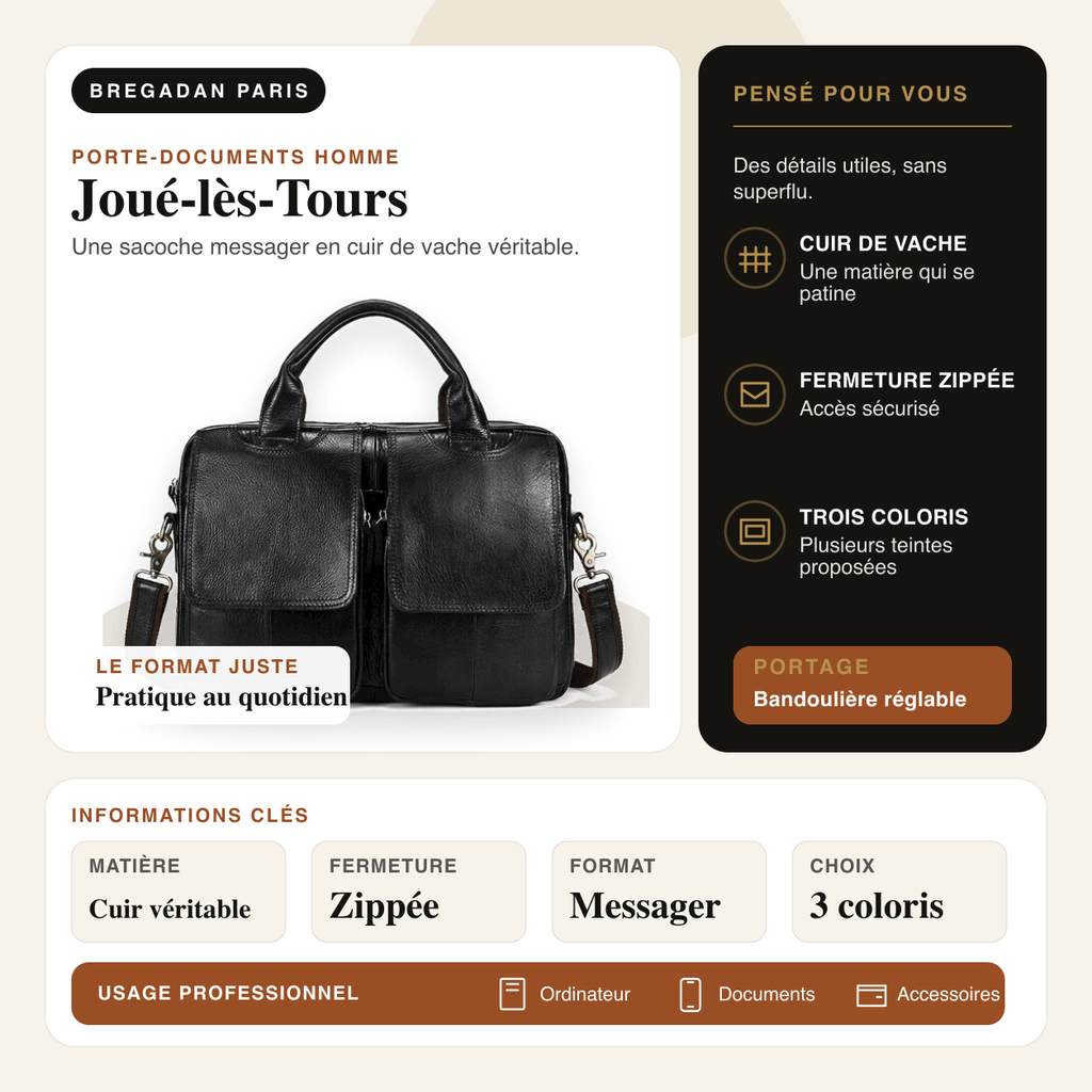 Joué-lès-Tours — infographie Bregadan V3 : une sacoche messager en cuir de vache véritable, matière Cuir véritable