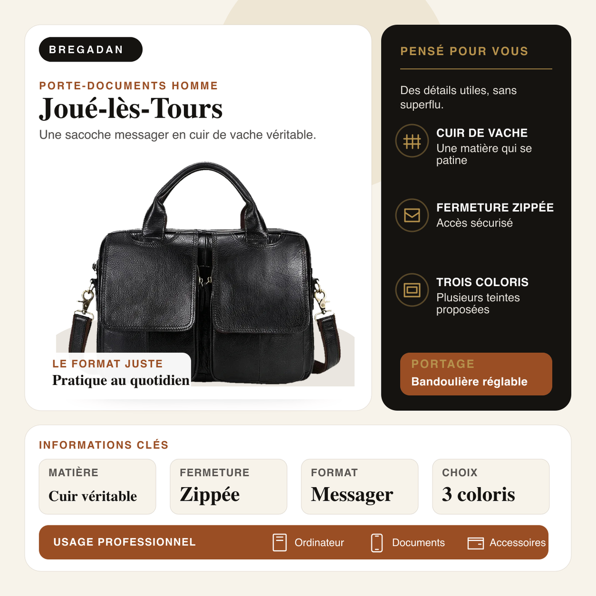 Joué-lès-Tours — infographie Bregadan V3 : une sacoche messager en cuir de vache véritable, matière Cuir véritable