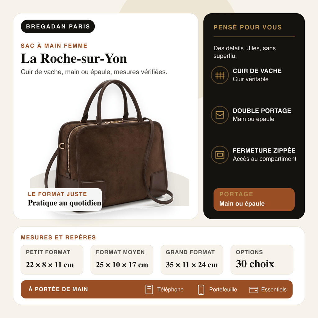 La Roche-sur-Yon — infographie Bregadan V3 : cuir de vache, main ou épaule, dimensions 22 × 8 × 11CM / 35 × 11 × 24CM