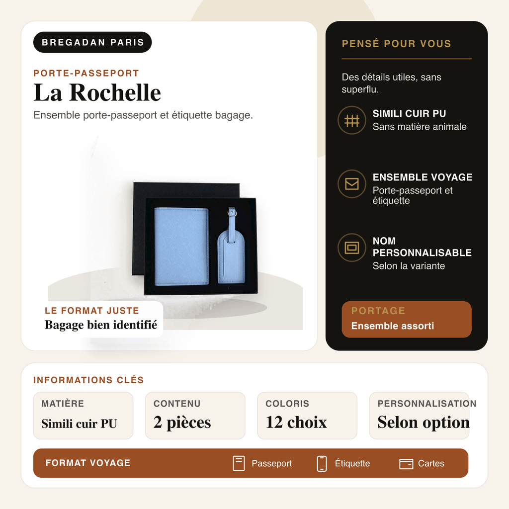 La Rochelle — infographie Bregadan V3 : ensemble porte-passeport et étiquette bagage, matière Simili cuir PU, contenu