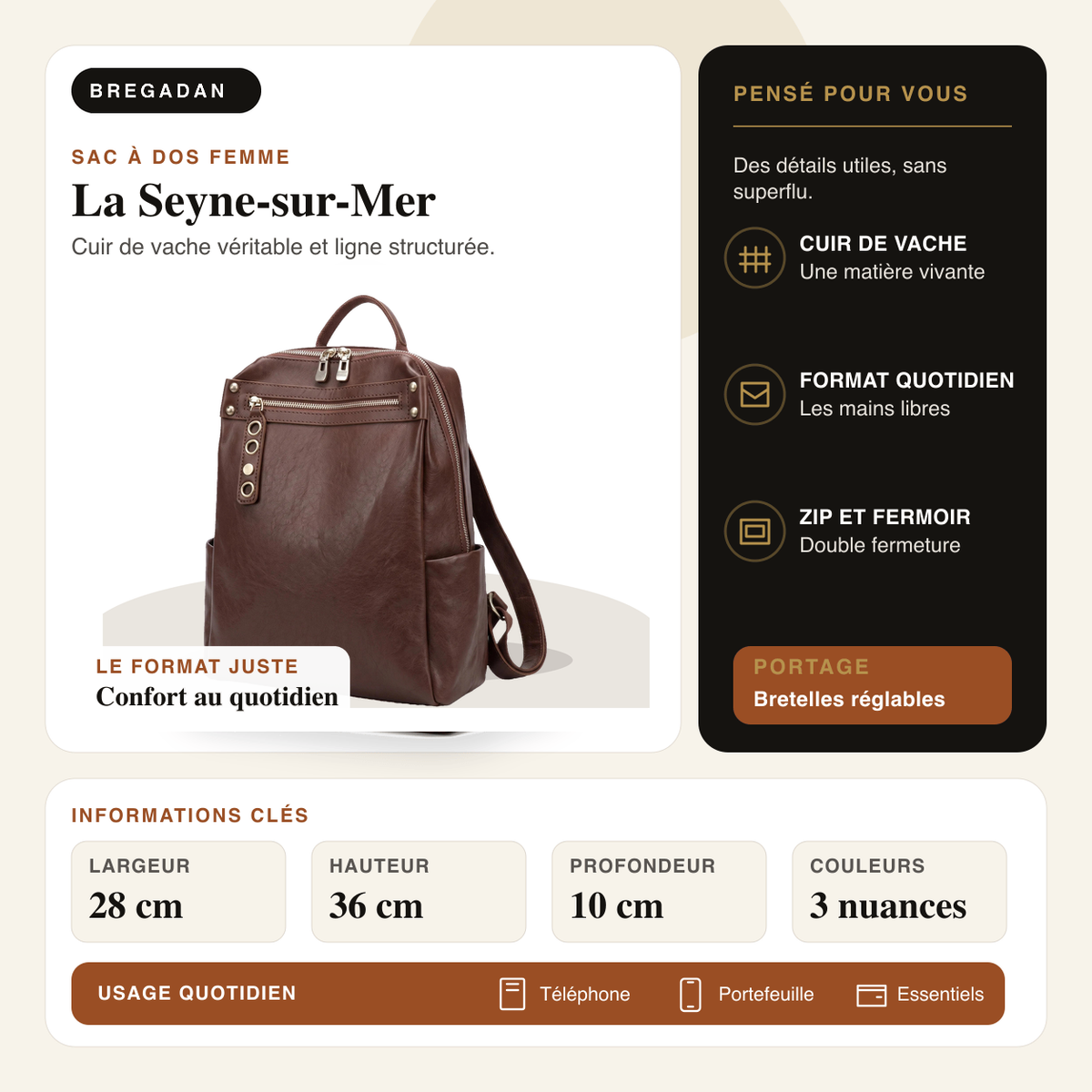 La Seyne-sur-Mer — infographie Bregadan V3 : Cuir de vache véritable et ligne structurée