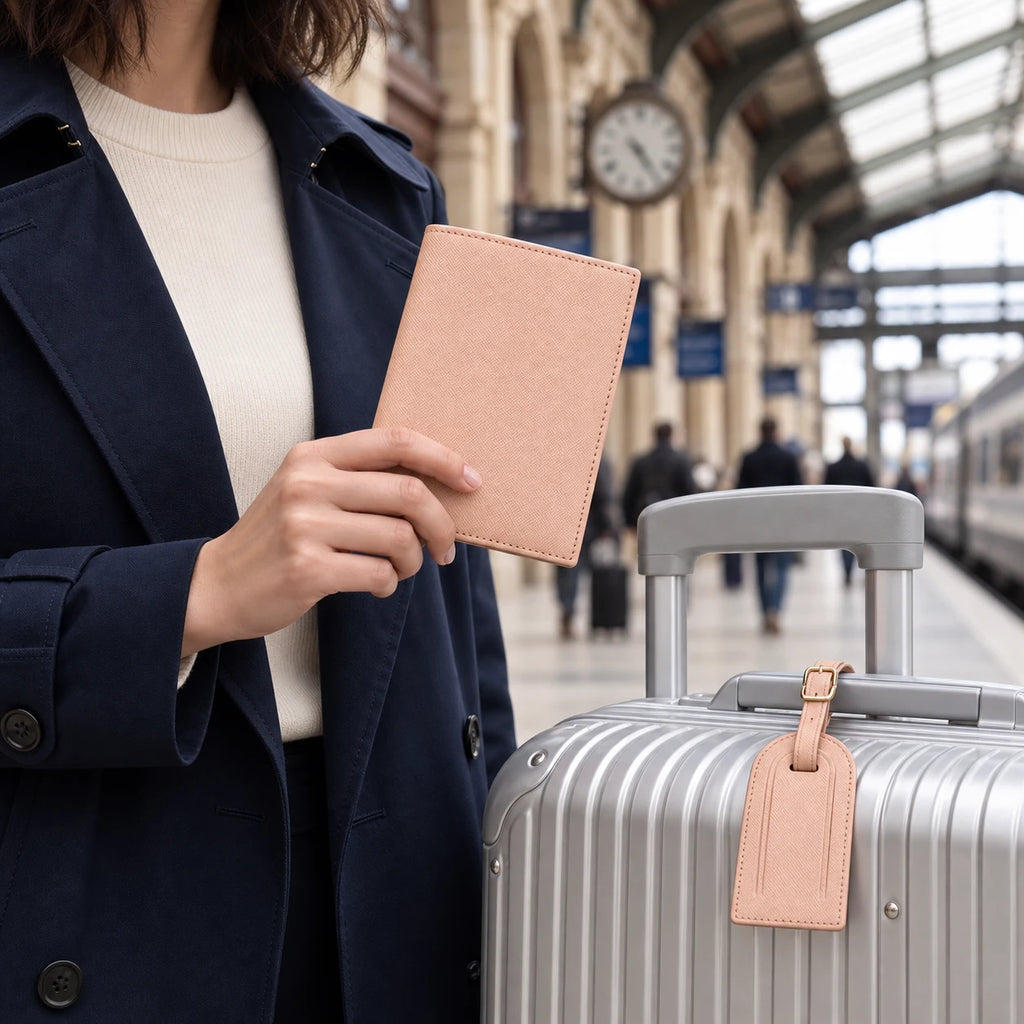 La Rochelle — porte-passeport abricot tenu en main et étiquette assortie