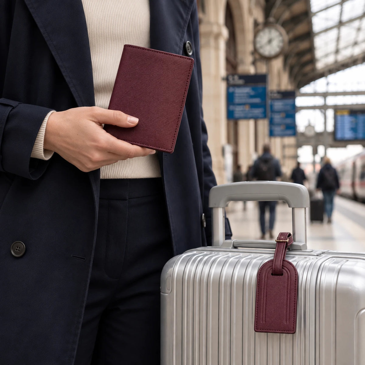 La Rochelle — porte-passeport bordeaux tenu en main et étiquette assortie