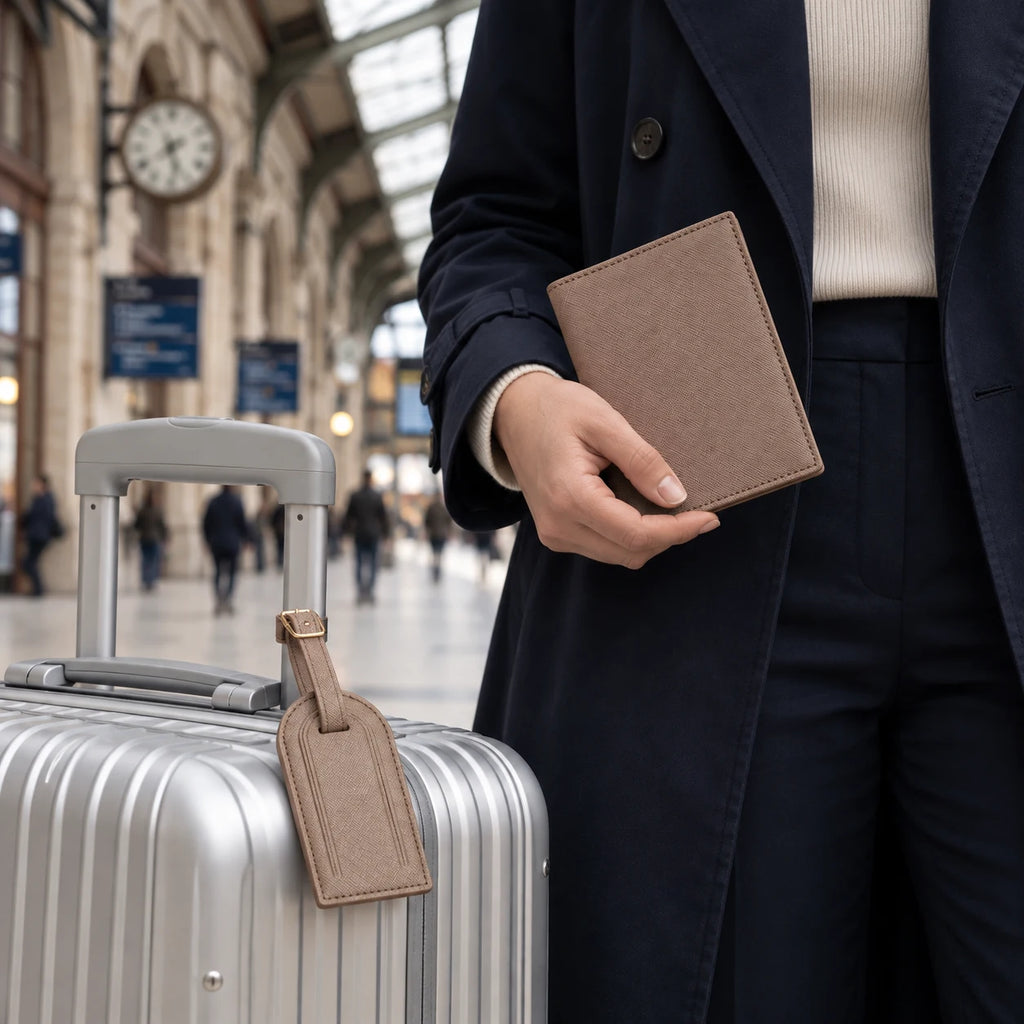 La Rochelle — porte-passeport kaki taupe tenu en main et étiquette assortie